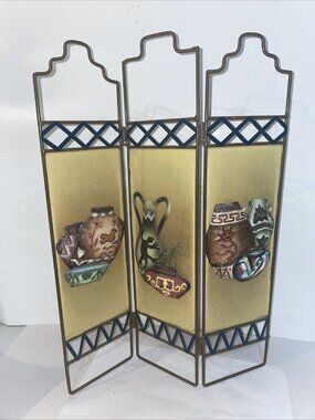 Aztec Themed  Pottery 3-Panel Foldable Decor Hang Or Freestanding 17.5 X 13”